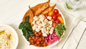 Overhead shot of a diced chicken power bowl